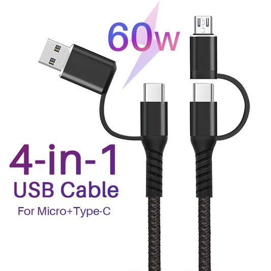 4-in-1 Fast Charge USB Type C Cable for Huawei, iPhone 12/11 Pro Max, Samsung, Xiaomi - 60W PD Compatible