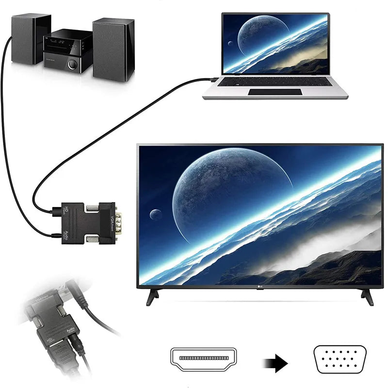 1080P HDMI-compatible to VGA Adapter with 3.5mm Audio Cable - Ideal for PC, Laptop, TV, Monitor, and Projector