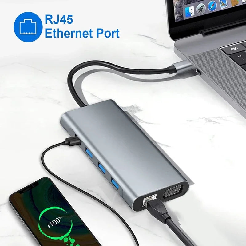 MacBook USB C Hub 11/8/6/5/4 in 1 Multiport Adapter | 4K HDMI-compatible | RJ45 SD/TF Card Reader | PD Fast Charge | USB Hub